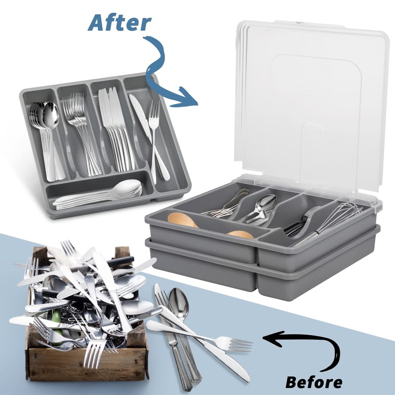 YICOCHI 2 Layer Large Silverware Tray with Lid,Stackable Utensil Organizer
