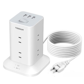Tessan Power Strip Tower, Mini Model, 16.4 ft. (5 m), Extension Cord, 8 AC Outlets, 3 USB Ports, 180° Swing Plug, Extension Power Strip, Multi-Tap, Lightning Guard