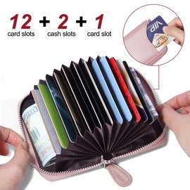 Womens Credit Card Holder Small Rfid Blocking Ladies Wallet with Stainless Steel Zipper Excellent Genuine Leather Accordion Wallets Case for Women ID Compact Slim Blocked Zip Accordian Cards Pink