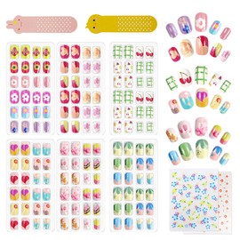 Pack of 144 Glue-On Nails for Children, Acrylic False Nails, Prelucky Full Coverage, Glitter, Colour Gradient, Flowers, Short False Nail Art Kits Sets, Valentine's Day Gifts for Children, Girls