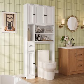 Ahomly Over The Toilet Storage Cabinet with Adjustable Shelves and Five Doors, Over Toilet Bathroom Organizer, Above Toilet Storage Cabinet with Open Shelves for Bathroom, Restroom, Laundry, White