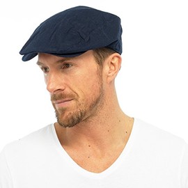Mens Cotton Linen Fabric Flat Cap Hat Lined Summer Sun Peak Washable Navy L/XL