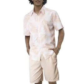 VahRuta - Conjunto de camisa y pantalones cortos para hombre con gráficos hawaianos a juego, Palma Caqui, M