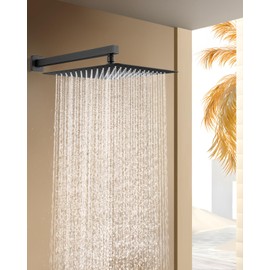 KINLIV All Metal Matte Black Rainfall Shower Head with Extension Arm, 12" Large Rain Square Showerhead with 16" Long Shower Arm Stainless Steel, 144 Silicone Nozzles Waterfall Full Body Coverage