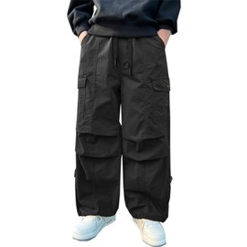 SANGTREE Boy's Drawstring Waist Pleated Front Baggy Cargo Pants, Black, 13-14 Years = Tag 170
