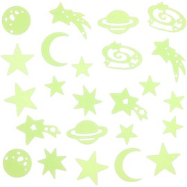 24 3D Glow in The Dark Magical Galaxy Planets, Shooting Stars and Moon Shapes, Florescent Wall Decals, Decor Stickers for Sensory Nursery, Baby Kids Children Bedroom Decoration (24 Galaxy & Planets)
