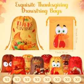 Paterr 16 Pcs Thanksgiving Favor Bags - Small Drawstring Bag with Maple Leaf Candy & Pumpkin Treat Goodies for Autumn Party & Birthday Decor, 7x10 Inch