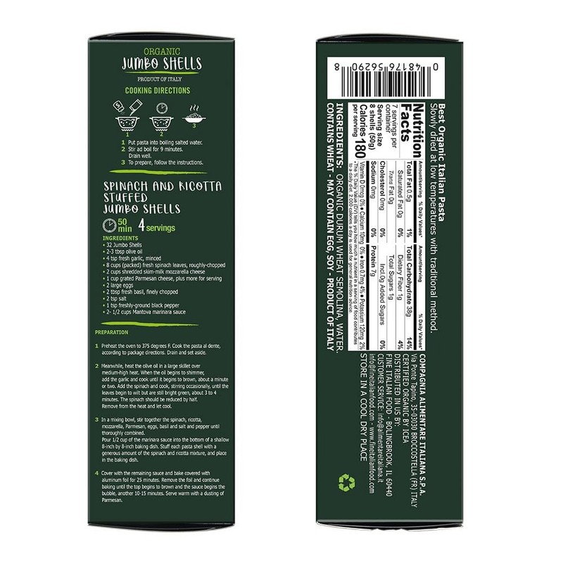 Mantova Organic Jumbo Shells Pasta, 12oz boxes (Pack of 2),