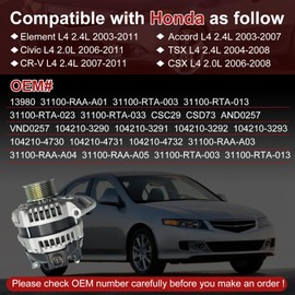 13980N Alternator Compatible with Honda Accord 2.4L 2003-2007 Civic 2.0L 2006-2011 CRV 2.4L 2007-2011 Element 2.4L 2003-2011 Acura CSX 2.0L 2006-2008 TSX 2.4L 2004-2008 31100RAAA01
