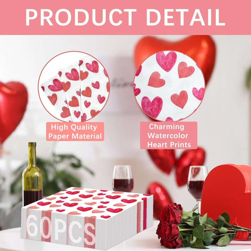 60 Pack Valentine's Day Napkins Paper, Pink Heart Napkins, 6.5