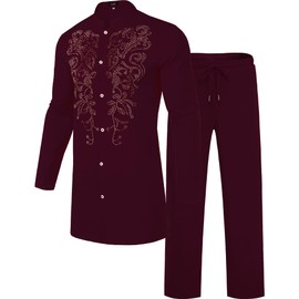 ZSJR Mens African 2 Piece Set Metallic Traditional Suit Floral Gold Silver Champagne Stylish Mens African Dashiki Shirt and Pants Outfit