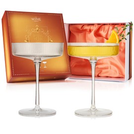 Vintage Art Deco Coupe Glasses Ribbed Coupe Cocktail Glasses 8 oz | Set of 2 | Crystal Cocktail Glassware for Champagne Classic Manhattan Goblet For Cocktails , Ripple Coupe Glassware - Gift Box