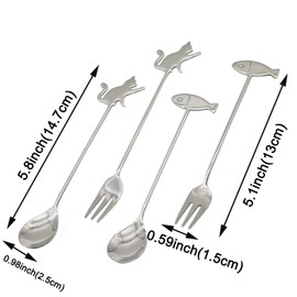 Maydahui 6PCS Cat Fish Spoon and Fork Cute Coffee Animal Spork 5.8 inch 18/10（304）Stainless Steel Teaspoon Dessert Drink Sugar Spoons Fruit Forks Tableware