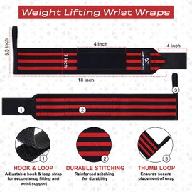 AQF Wrist Support Kit – 18” Wrist Wraps and Padded Lifting Straps for Deadlifts, Weight lifting, Powerlifting, CrossFit, Fitness Workout, and Strength Training Men & Women(1 Pair Each)(Black & Red)