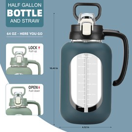 64 oz Glass Water Bottle with Handle and Straw Large 2L Water Bottle with Time Markers and Silicone Sleeve Half Gallon Water Jug BPA Free for Gym Daily Use