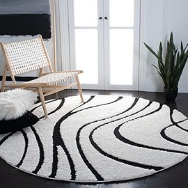 SAFAVIEH Florida Shag Collection 4' Round Ivory / Black SG471 Abstract Wave Non-Shedding Living Room Bedroom Dining Room Entryway Plush 1.2-inch Thick Area Rug