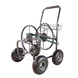 LOPOO Portable Garden Hose Reel Cart with 4 Wheels and Storage Basket, Rust-Resistant, Dark Grey