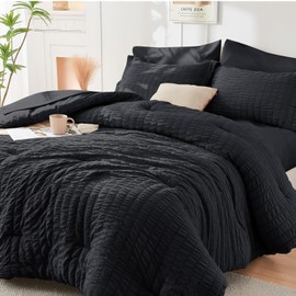 HYMOKEGE Black California King Comforter Set Seersucker 7 Pieces, All Season Luxury Bed in a Bag for Bedroom, Bedding Set with Comforters, Sheets, Pillowcases & Shams