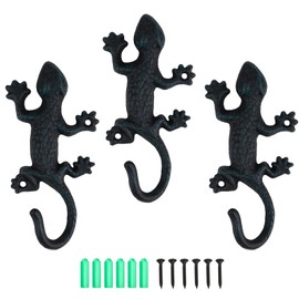 efuturetime Pack of 3 Gecko Coat Hooks, Rustic Coat Hooks, Cast Iron Wall Hooks with Screws, Coat Hooks, Wall for Hanging, Clothes, Keys, Hats, Bags, Black/Green