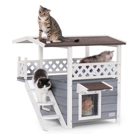Petsfit Durable Roof Cat Houses for Outdoor Cats Weatherproof with Escape Door, Stair or Scratch Board, 2 Story Design Perfect for Multi Cats, Outside Cat House Gray