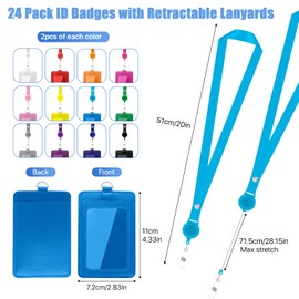 Boocalny 24 Pcs ID Badge Holder with Retractable Lanyard, Colorful Retractable Lanyards with Vertical Leather ID Badges for Work Cards Office Travel School