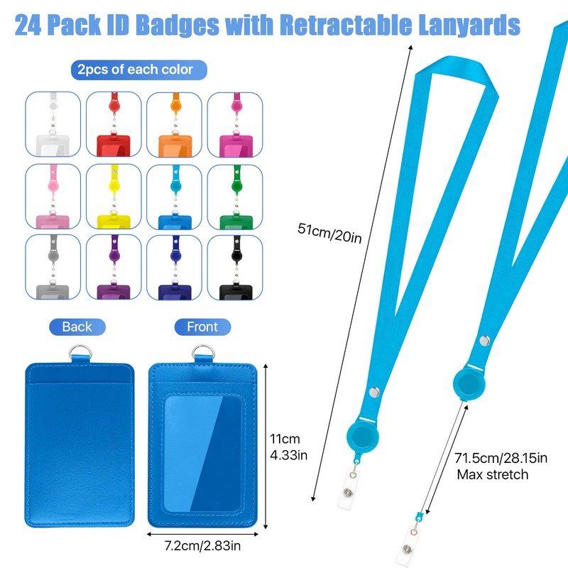 Boocalny 24 Pcs ID Badge Holder with Retractable Lanyard, Colorful