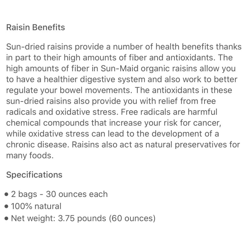 Sun-Maid California Sun-Dried Raisins **60 oz. 100% Natural Sweet**
