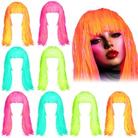Suncalla 8 Pack Neon Foil Tinsel Wigs Glow in The Dark Party Supplies UV Reactive Shiny Party Wig for Women Men Adults Photo Booth Birthday Decorations 70s 80s Cosplay, Green, Rose Red, Yellow, Orange