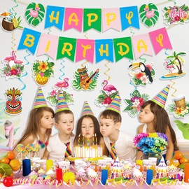 Hawaiian Aloha Party Banner Decorations, Aloha Flamingo Birthday Banner Garland with 12pcs Luau Pineapple Hanging Swirls Banners, Tropical Tiki Summer Beach Pool Birthday Party Decorations Supplies