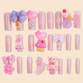 24Pcs Nails Press ons,Square Press on Nails Long Fake Nails Pink Acrylic False Nails with Cute Heart Bear Charms Designs Reusable Kawaii Artificial Nails Y2K Stick on Nails For Women Girls