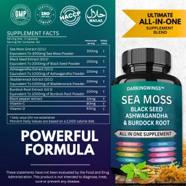 Sea Moss Advanced - Irish Sea Moss 3000mg Black Seed Oil 2000mg Ashwagandha 1000MG Bladderwrack 1000mg Burdock 1000mg Vitamins C&D - Sea Moss Overall Health, Immunity Support, 60 Sea Moss Capsules