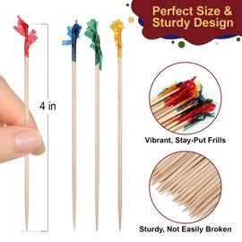 FATLODA Cocktail Picks, Colored Frill Fancy Wooden Toothpicks for Appetizers Sandwich Drinks Fruit, 4 Inch Decorative Bamboo Skewers Food Sticks, Charcuterie Boards Accessories Party Supplies - 500