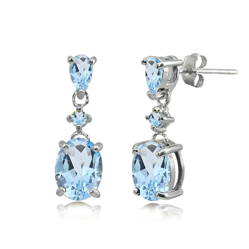 Sterling Silver Blue Topaz Oval Three Stone Drop Dangle Earrings