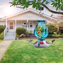 BOLITE Hummingbird Feeder, Hand Blown Glass Hummingbird Feeders for Outdoors Hanging, with Ant Moat and 5 Feeding Ports, 22 Ounces, Blue, Birthday Gifts for Women Men, Gifts for Mom Dad