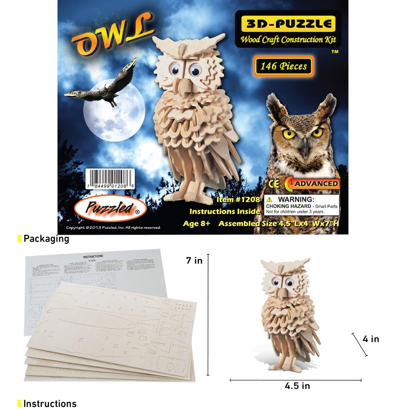Puzzled 3D Puzzle Owl Wood Craft Construction Model Kit, Fun
