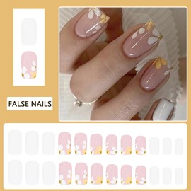 French False Square Nail Tips - 24PCS Press on Nails with Cute Flower Design - Glossy White Nude Tip Summer Fake Nails with Glue - Removable Stick on Nails for Women Manicure