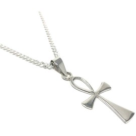 Sterling Silver Egyptian Ankh Pendant on 60 cm Medium Diamond-cut Curb Chain