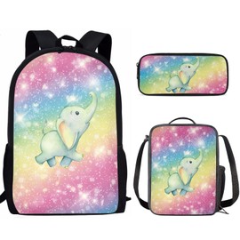 Babrukda Elephant Cute Print School Book Bag Set, Backpack Set of 3, Bookbag with Portable Lunchbox Zipper School Pencil Cases, Childrens Backpacks for School Daily Travel