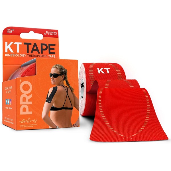 KT Tape, Pro Synthetic Kinesiology Athletic Tape, 20 Count, 10” Precut Strips, Rage Red