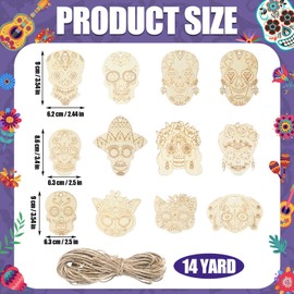 Colingmill 60 Pcs Sugar Skull Day of The Dead Wooden Craft Kit DIY Unfinished Skull Ornament Halloween Hanging Blank Craft with Rope and Coloring Pen for Dia De Los Muertos Party Decor
