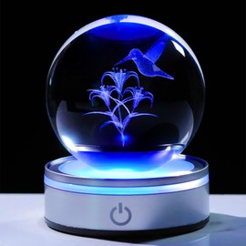 3.14in. 3D Hummingbird Crystal Ball Gifts for Women, K9 Crystal Decorative Ball Engraved Hummingbird Figurine Paperweight with LED Light Base for Home Office Decoration for Birthday Christmas