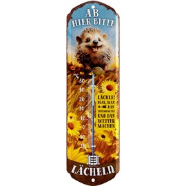 LANOLU Thermometer Ab Hier Smile, Hedgehog Decoration, Sign Garden Outdoor, Decorative Garden Vintage Signs, Retro Tin Sign, Chill Lounge Garden Decoration - Wall Decoration Garden Sign Made of Metal