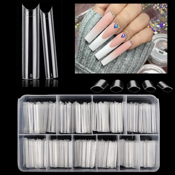 LIONVISON 504PCS NO C CURVE Clear Nail Tips for Acrylic Nails Professional, 3XL Extra Long Flat Tapered Square Nail Tips, 12 Sizes Half Cover Straight French Fake Nail Tips for Nail Salons Home DIY