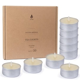 50-Pack Pure Beeswax Tealight Candles in Aluminum Cups - 4-5 Hour Burn Time, Lead-Free Cotton Wick, Natural Unscented Candles，White