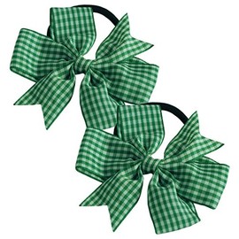 La Petite Fille 2 x 'Flat Fan' Bow Hair Bobbles | Hair Elastic | School Hair | Gingham Ribbon (Green & White)