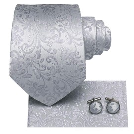 Hi-Tie Silk Ties for Men Plaid Paisley Striped Necktie Pocket Square Cufflinks Set Formal Business,Silver Gray