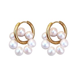 Florenz Pearl Hoop Earrings Stainless Steel with Freshwater Pearls Circle Waterproof and Gold-Plated Large Circle Round Pearl Earrings Jewellery Birthday Gift for Women Girls