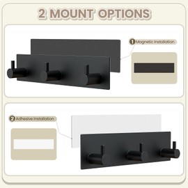 VIS'V Magnetic Key Holder Wall Mount, Metal Adhesive Key Hanger with 3 Hooks, No Drilling, 2 Mount Options, Black, Small