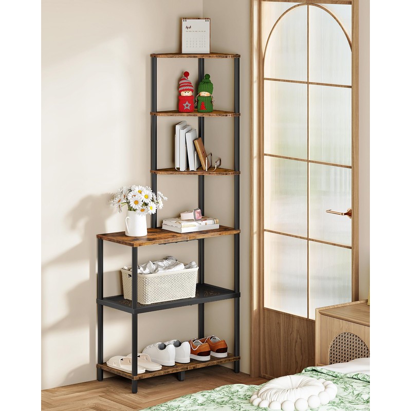 CHOEZON 6-Tier Corner Shelf, Industrial Corner Bookshelf with Desk Top,