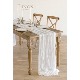 Ling's Moment 14Ft x 35" Wide Brilliant White Gauze Semi-Sheer Table Runner Cheesecloth Tablecloth for Wedding Party Bridal Shower Boho Table Decor…